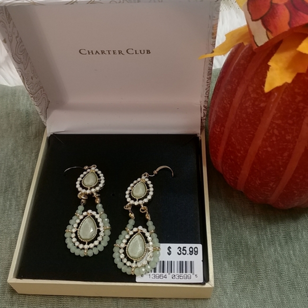 CHARTER CLUB Long Goldtone Green & White Boho Beaded Earrings Boxed NWT